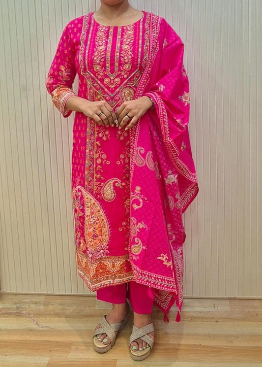Rani Pink /Yellow  Printed Kurti Set with Dupatta