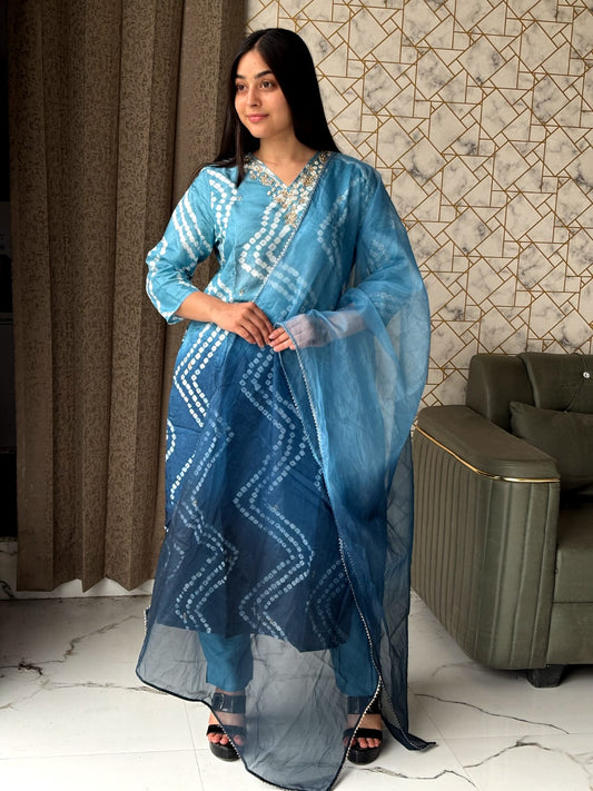 💙 Sky & Navy Ombre Bandhej Suit Set