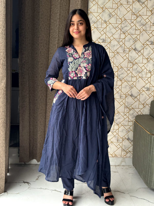 🌌 Navy Blue Floral Embroidered Anarkali Set