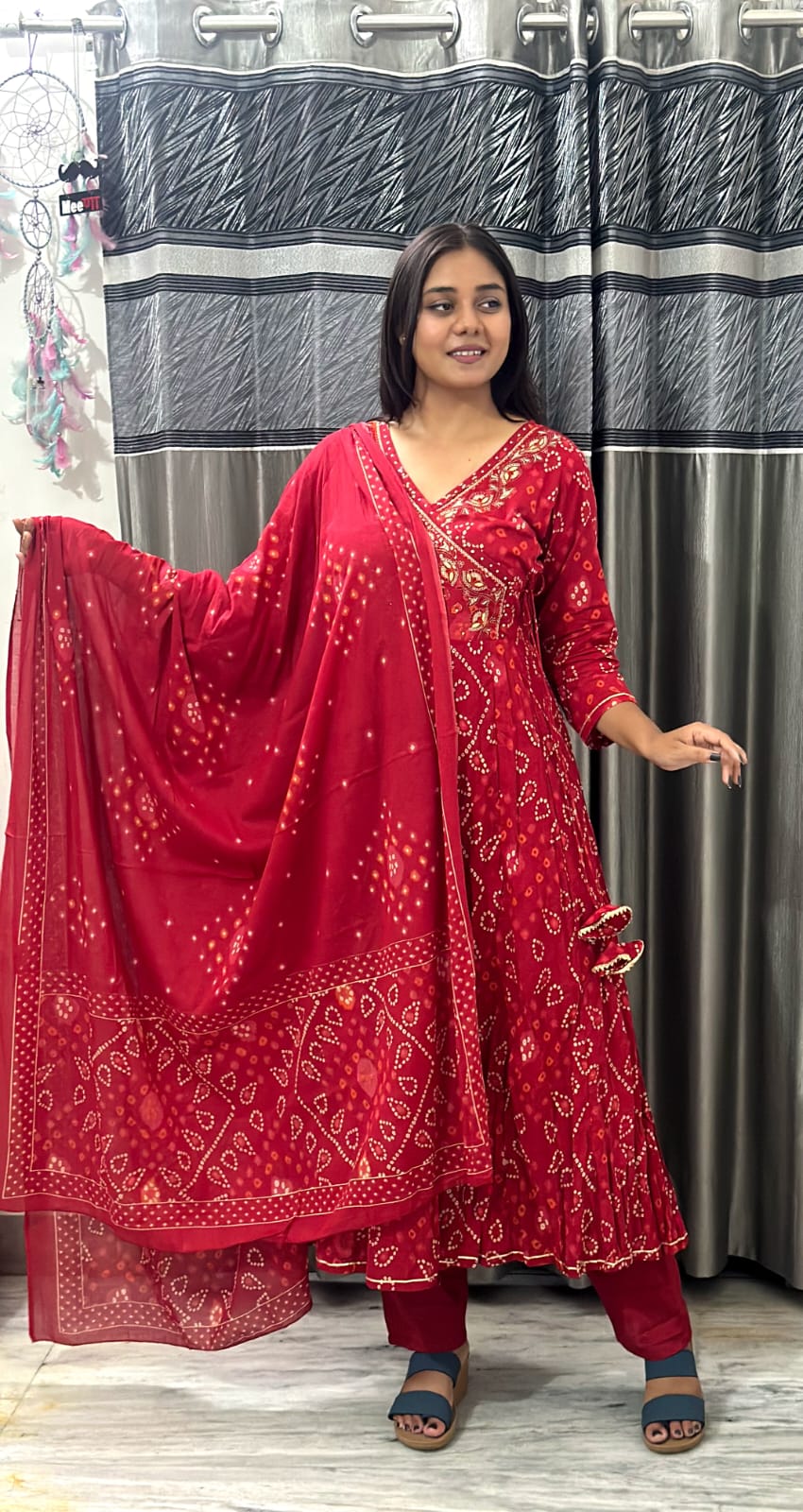 Maroon Bandhej Anarkali Suit with Dupatta