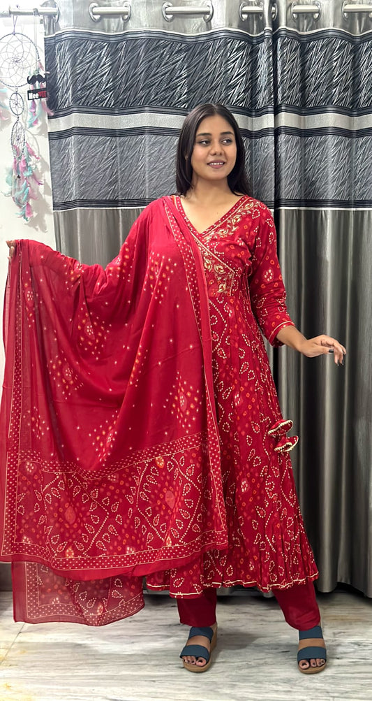 Maroon Bandhej Anarkali Suit with Dupatta