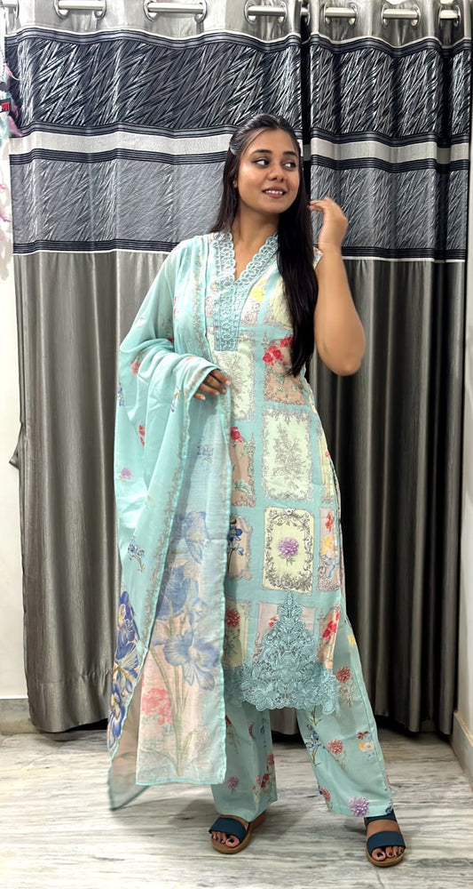 Aqua Pastel Floral Printed  Set