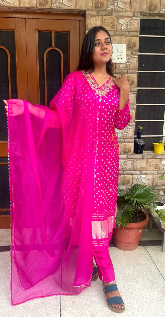 Hot Pink Mirror Work Suit Set