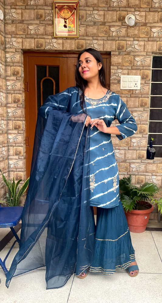 Teal Blue Hand-Dyed Sharara Set with Dupatta