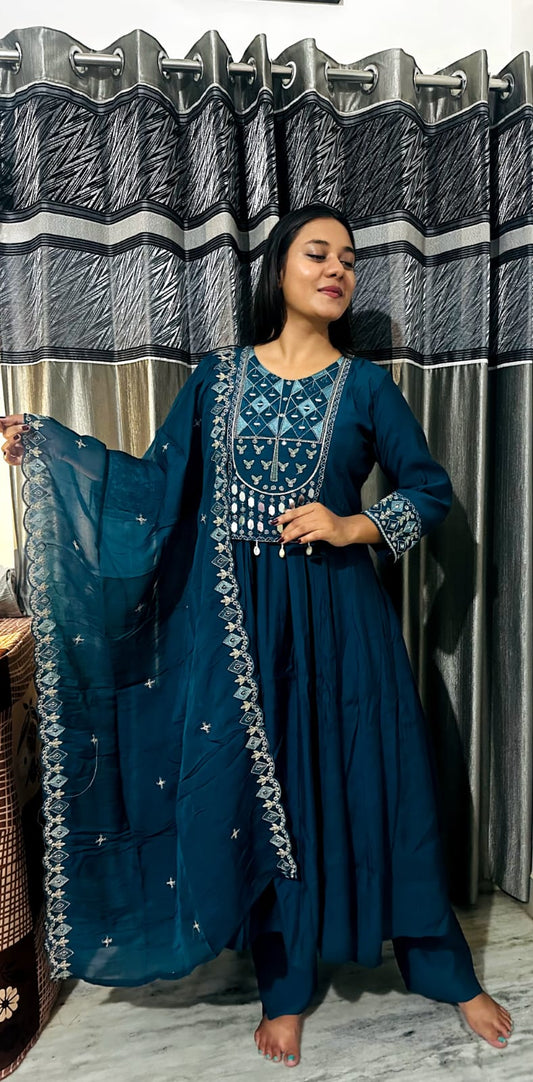 Teal Blue Embroidered Anarkali Kurta Set