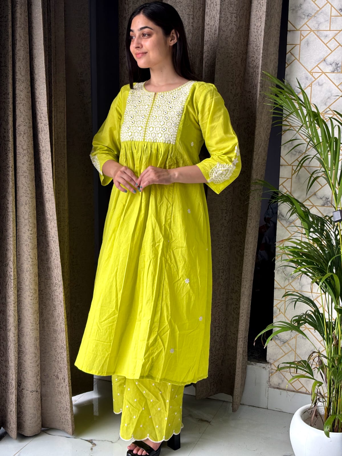 Lime Yellow Mirror Work Kurta Palazzo Set