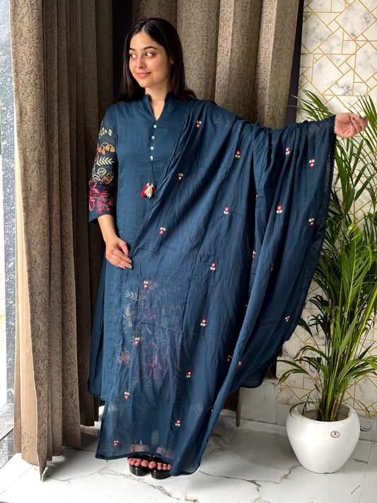 Midnight Blue Floral Embroidered Cotton Kurta Set