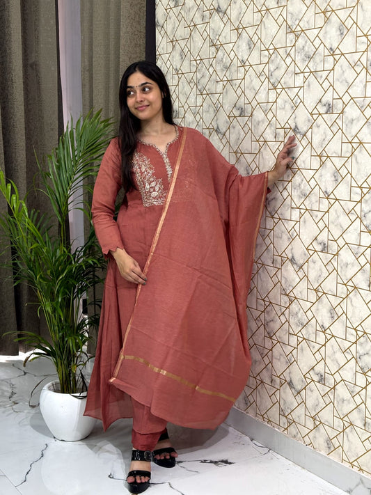 Rust Cotton Embroidered Kurta Set with Dupatta