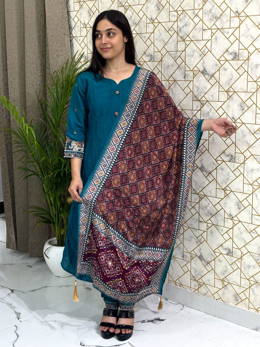 Teal Printed Cotton Kurta Set with Ajrakh Dupatta