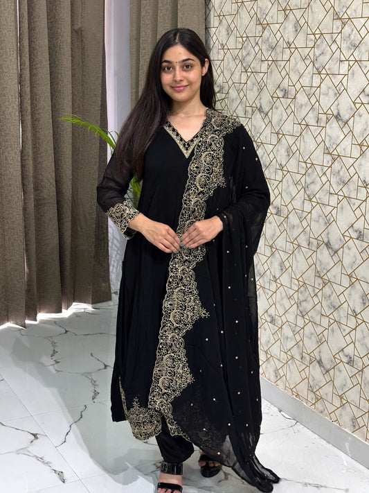 Elegant Black Embroidered Georgette Suit Set
