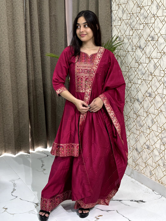 Wine Red Peplum Kurta Sharara Set with Intricate Embroidery
