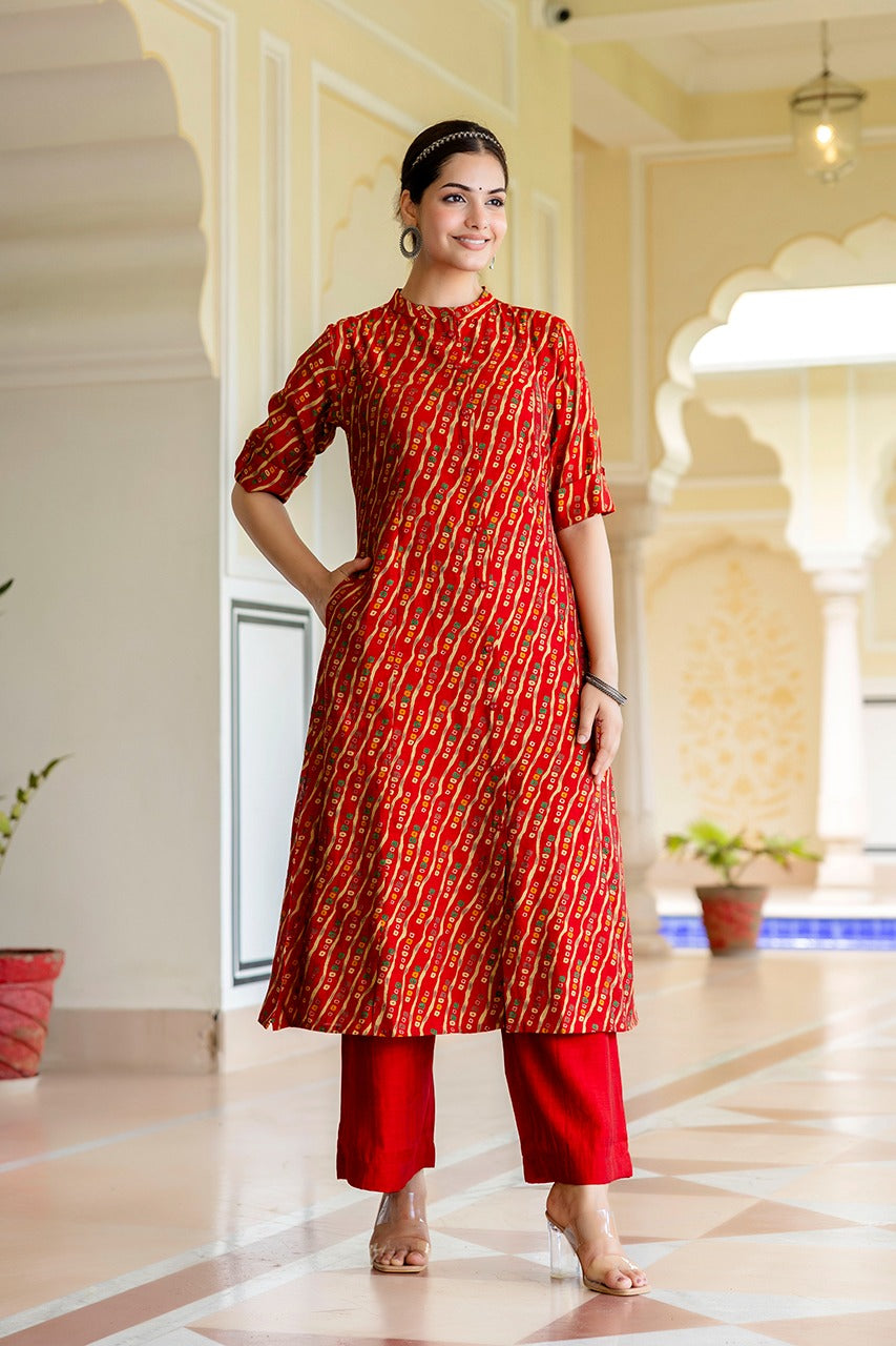 Red Handblock Print A-line Kurta Set