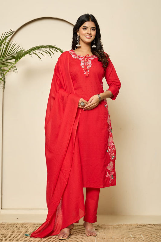 Classic Red Kurta Set with Thread Embroidery