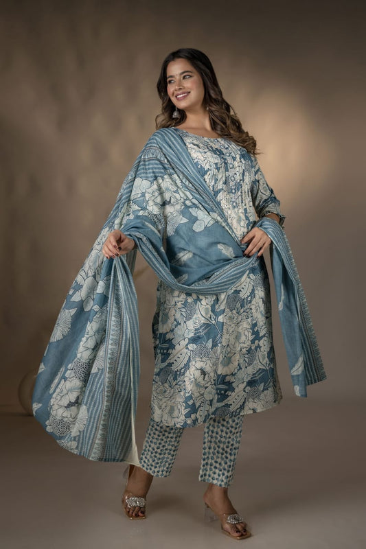 Sky Blue Printed Floral Kurta Set with Dupatta