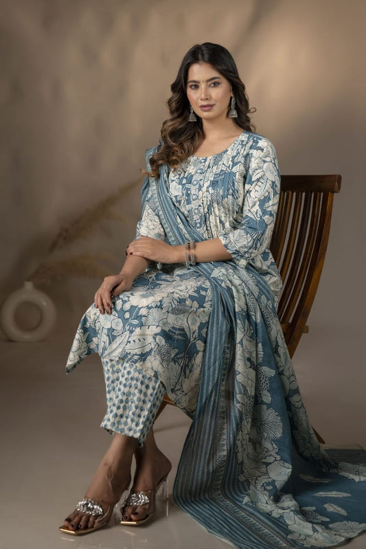 Sky Blue Printed Floral Kurta Set with Dupatta