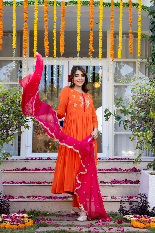 Orange Flared Kurta Set with Pink Embellished Dupatta