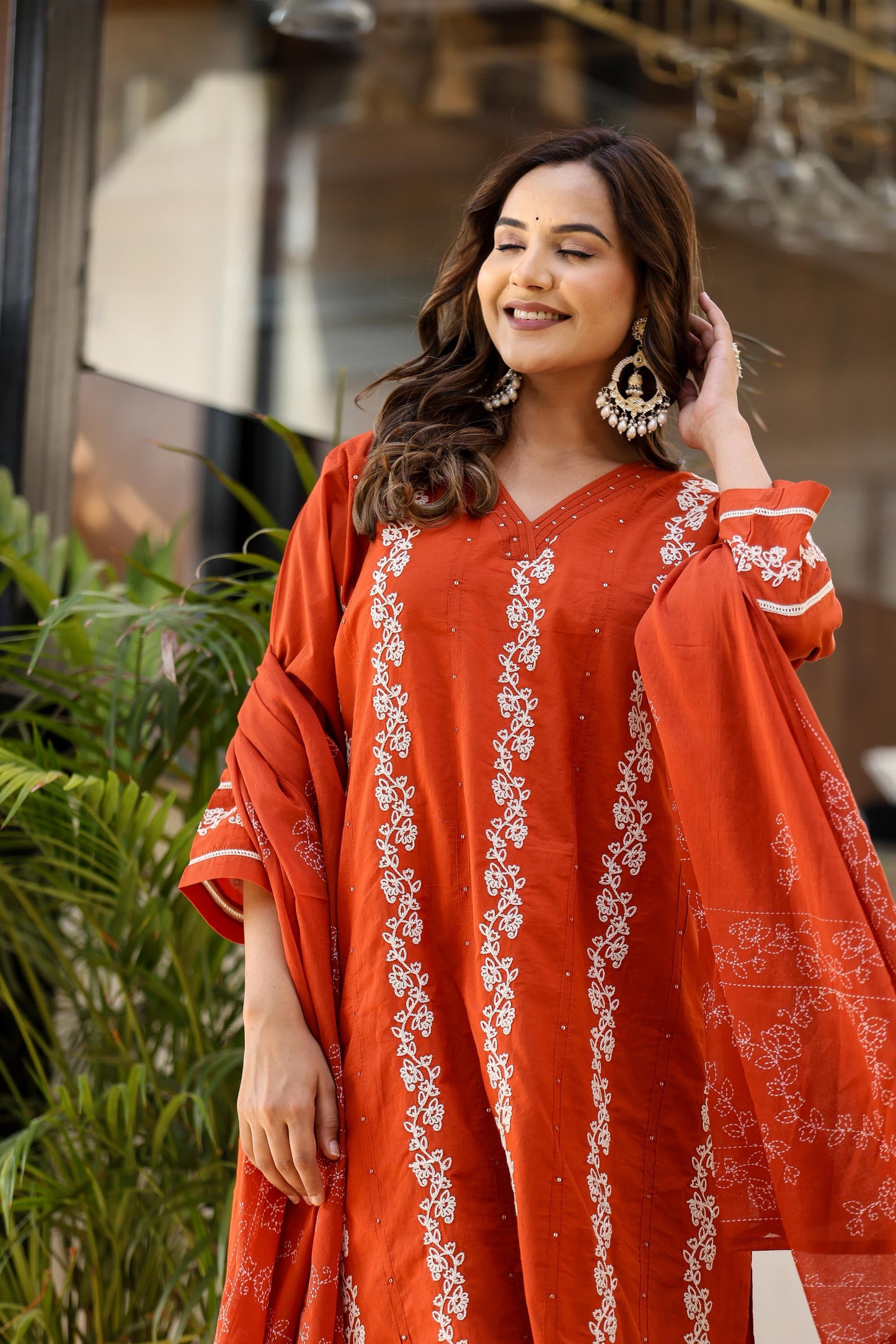 Rust Orange Embroidered Cotton Suit Set with Dupatta