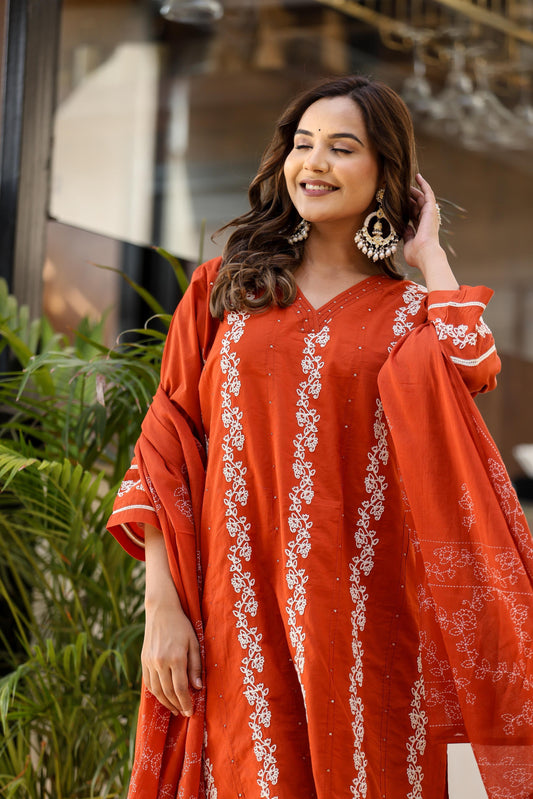 Rust Orange Embroidered Cotton Suit Set with Dupatta