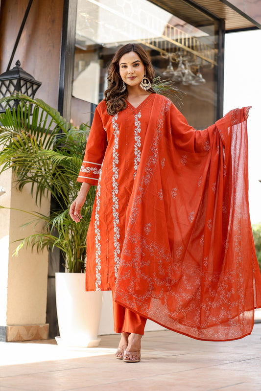 Rust Orange Embroidered Cotton Suit Set with Dupatta