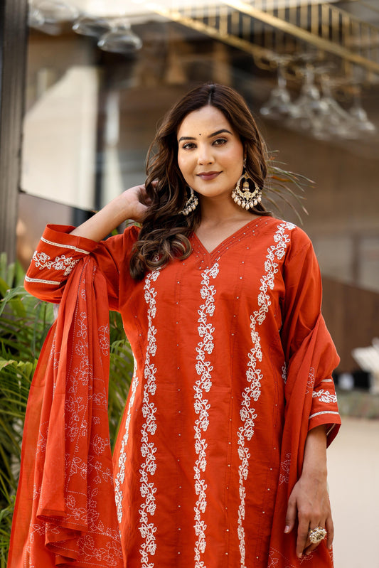 Rust Orange Embroidered Cotton Suit Set with Dupatta