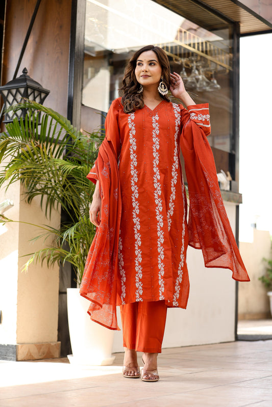 Rust Orange Embroidered Cotton Suit Set with Dupatta