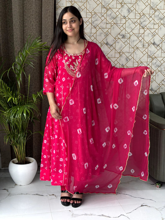 Rani Pink Bandhej Anarkali Set with Mirror Work Neckline