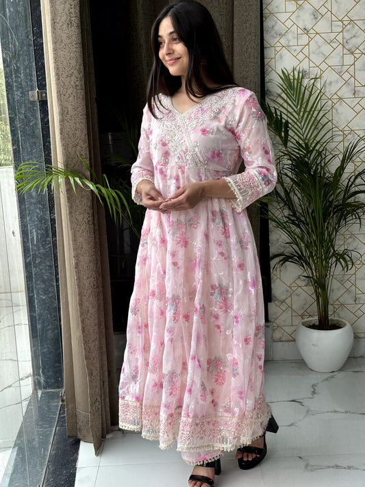 Soft Floral Embroidered Anarkali Set