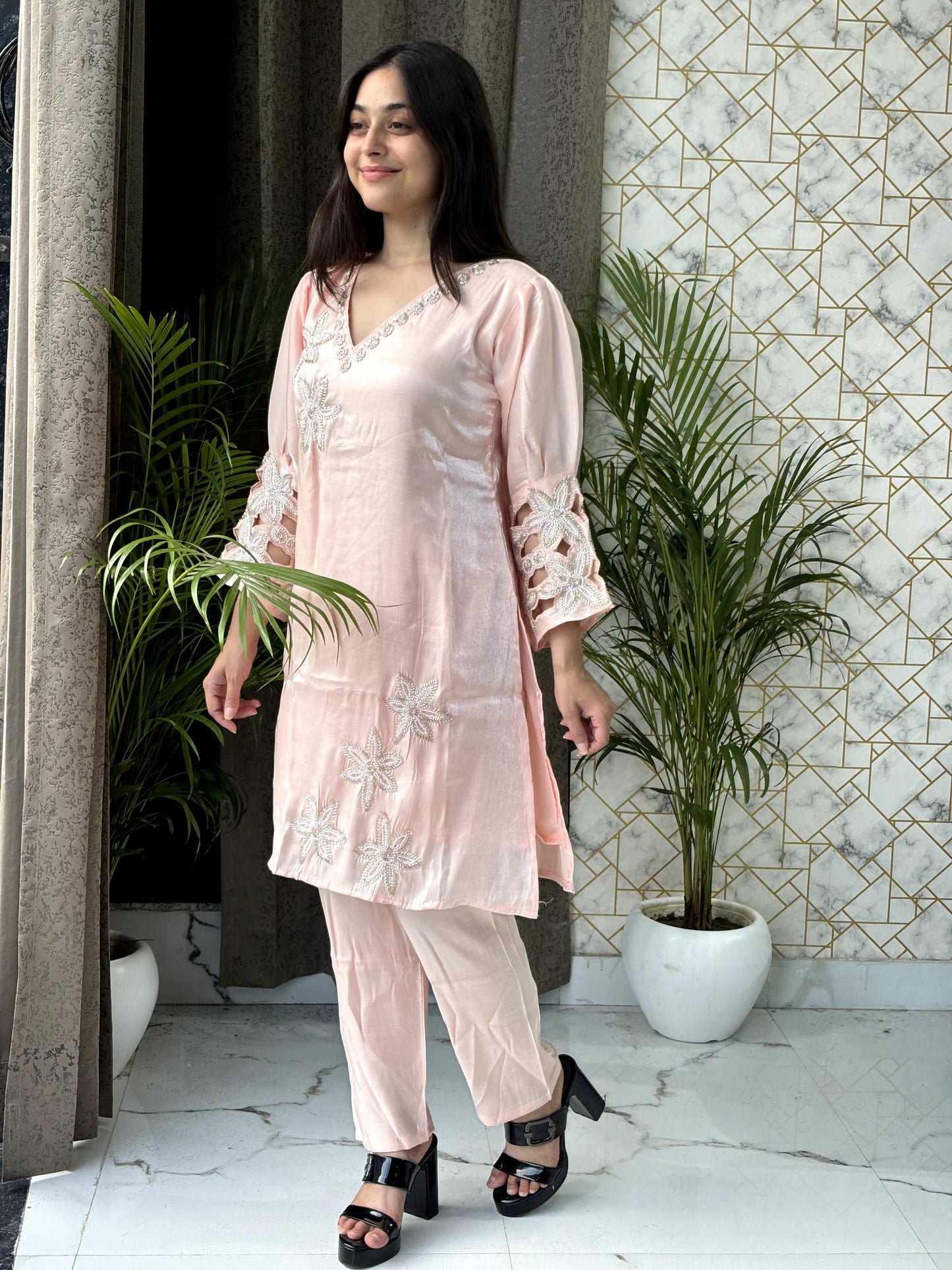 Blush Pink Satin Co-Ord Set with Embroidery