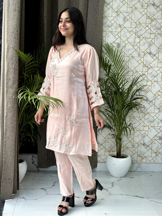 Blush Pink Satin Co-Ord Set with Embroidery