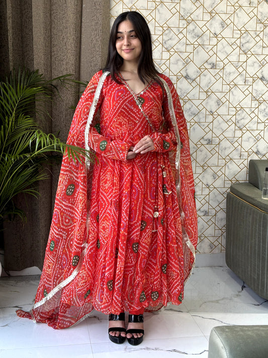Red Bandhej Anarkali Set with Dupatta