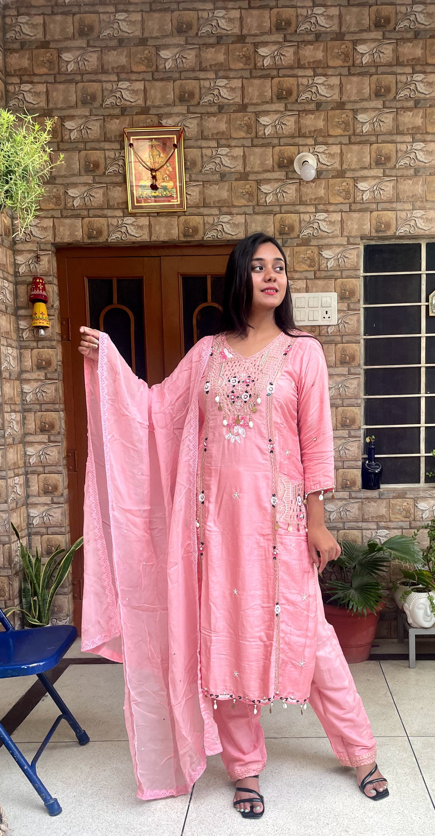 Peach Pink Mirror Work Kurta Set