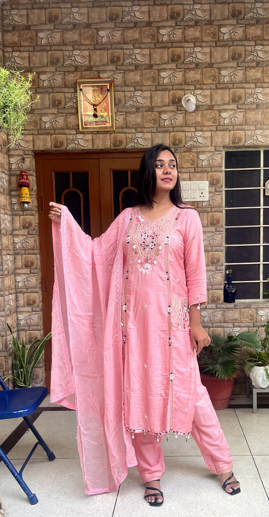 Peach Pink Mirror Work Kurta Set