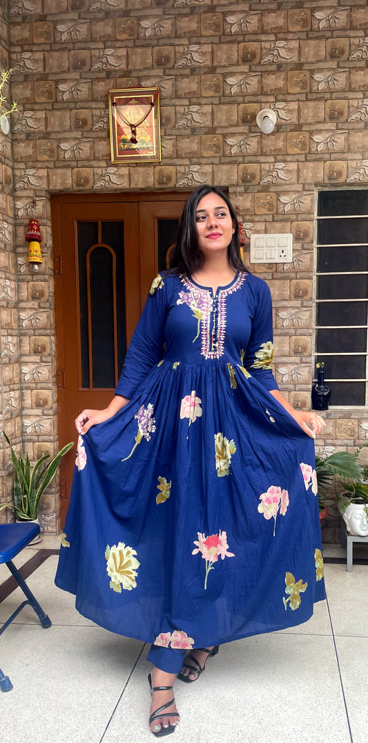 Royal Blue Floral Anarkali Kurta with Embroidered Yoke