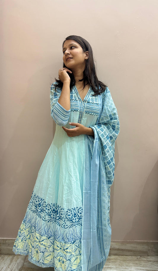 Sky Blue Printed Anarkali Kurta Set with Dupatta