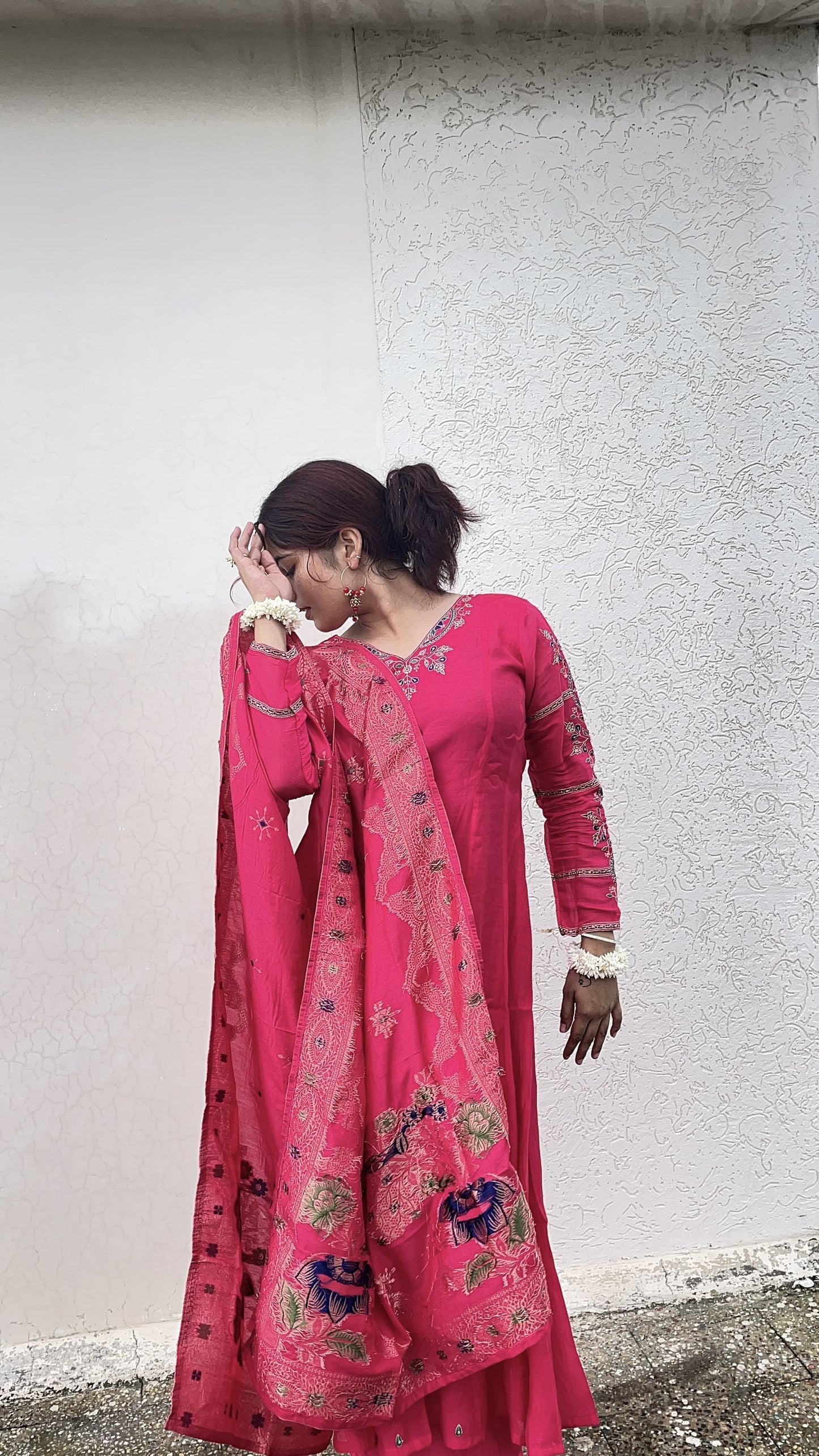Fuchsia Embroidered Anarkali Set with Elephant Motif Dupatta