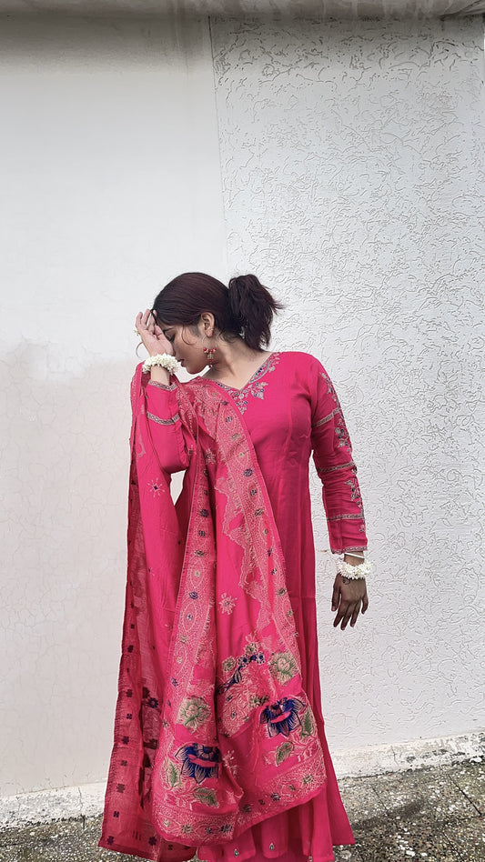 Fuchsia Embroidered Anarkali Set with Elephant Motif Dupatta