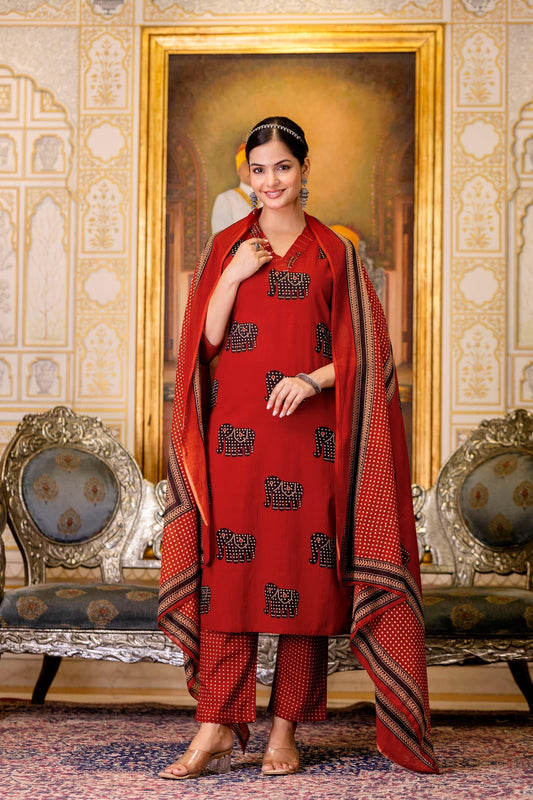 Maroon Elephant Print Cotton Suit Set