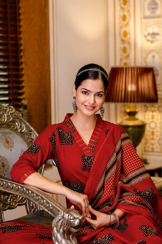 Maroon Elephant Print Cotton Suit Set