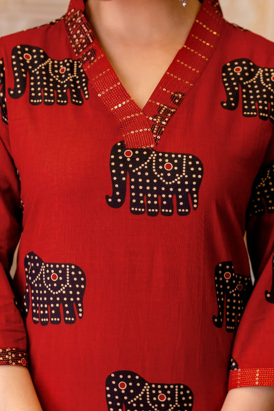 Maroon Elephant Print Cotton Suit Set