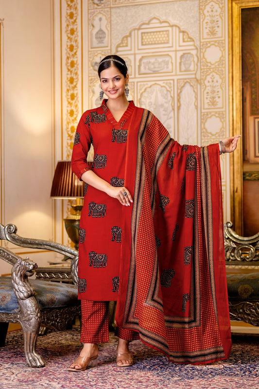 Maroon Elephant Print Cotton Suit Set