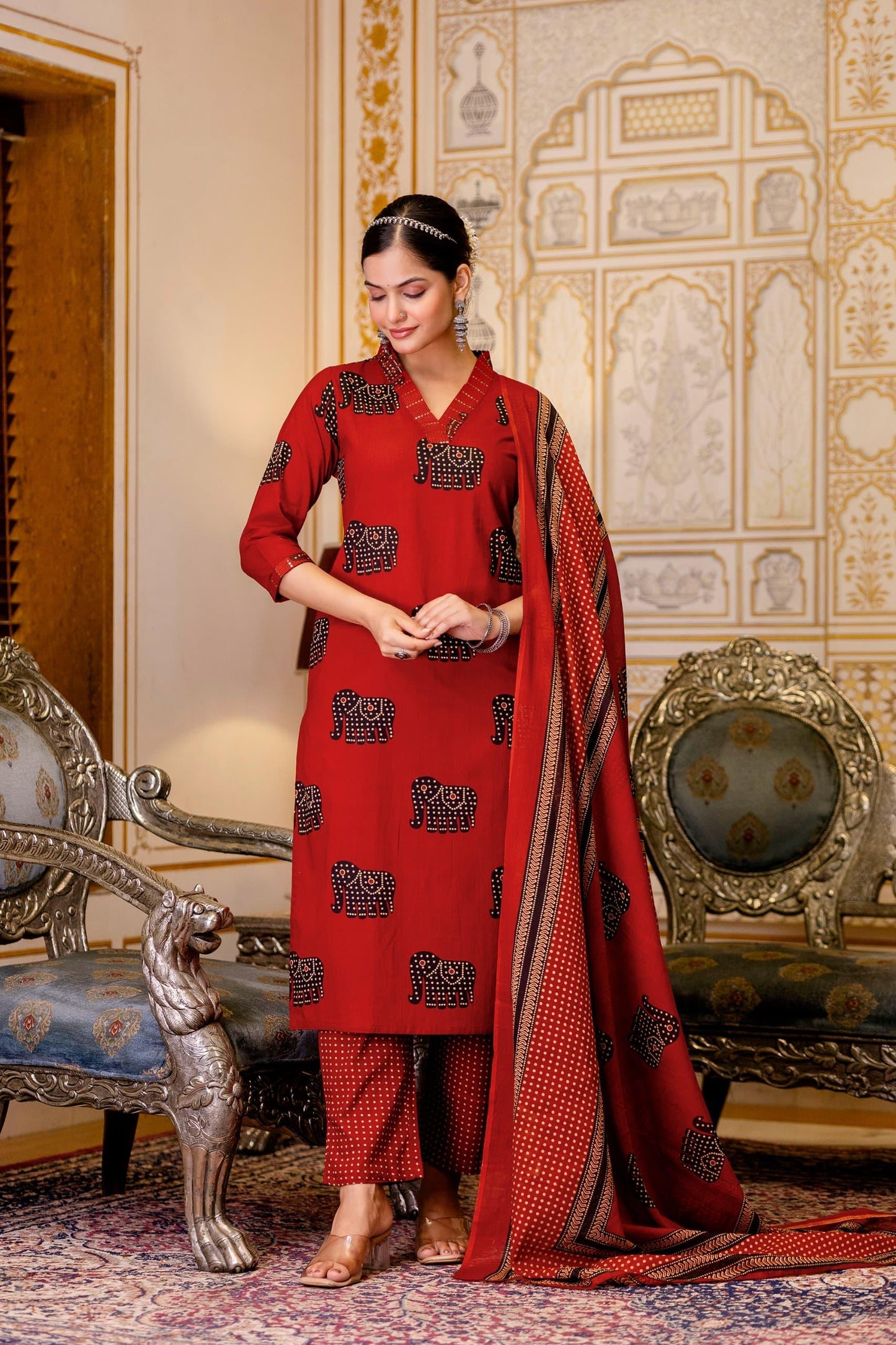 Maroon Elephant Print Cotton Suit Set