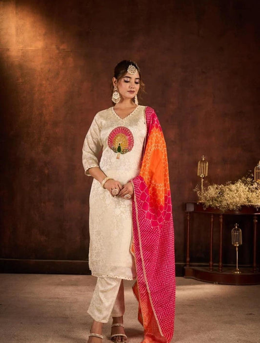 Cream Kurta Set with Peacock Motif & Bandhani Dupatta