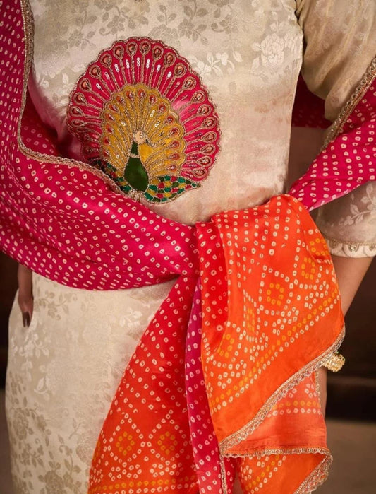 Cream Kurta Set with Peacock Motif & Bandhani Dupatta