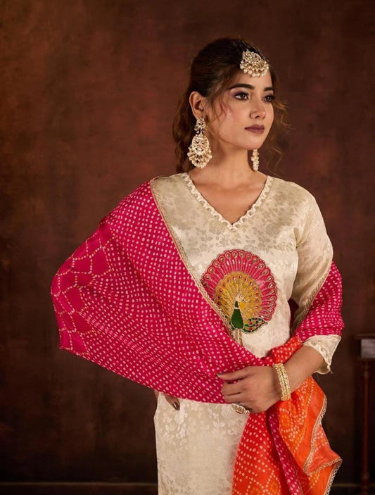 Cream Kurta Set with Peacock Motif & Bandhani Dupatta