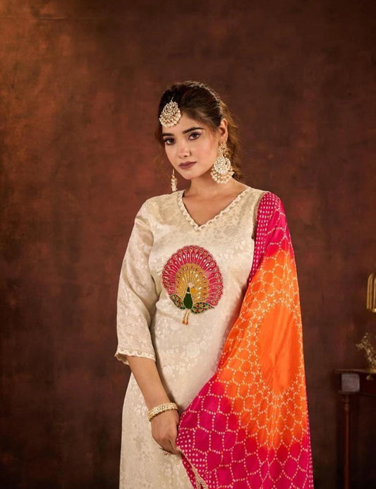 Cream Kurta Set with Peacock Motif & Bandhani Dupatta