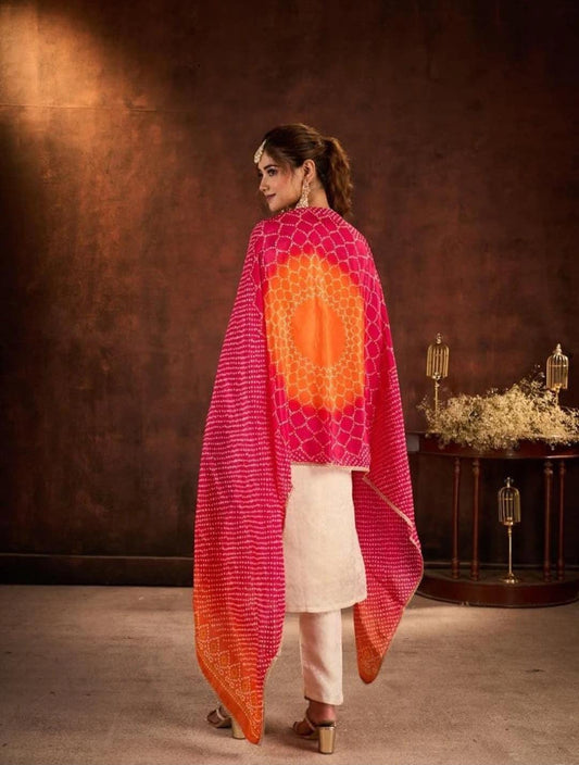 Cream Kurta Set with Peacock Motif & Bandhani Dupatta