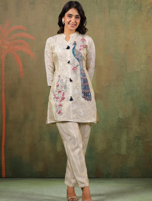 Cream Peacock Embroidered Short Kurta Set