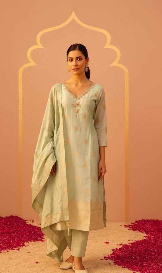 Pastel Green Silk Kurta Set with Zari Detailing