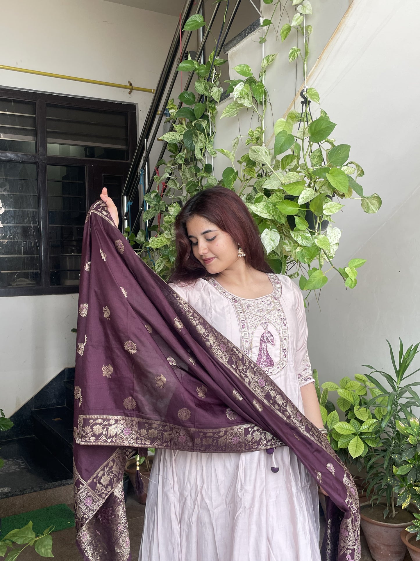 Lavender Anarkali with Contrast Dupatta