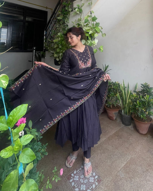Dark Wine Embroidered Kurta Set